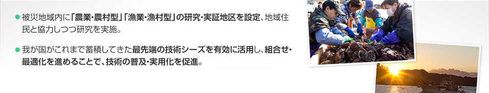 被災地域内に「農業・農村型」「漁業・漁村型」の研究・実証地区を設定、地域住民と協力しつつ研究を実施。我が国がこれまで蓄積してきた最先端の技術シーズを有効に活用し、組合せ・最適化を進めることで、技術の普及・実用化を促進。